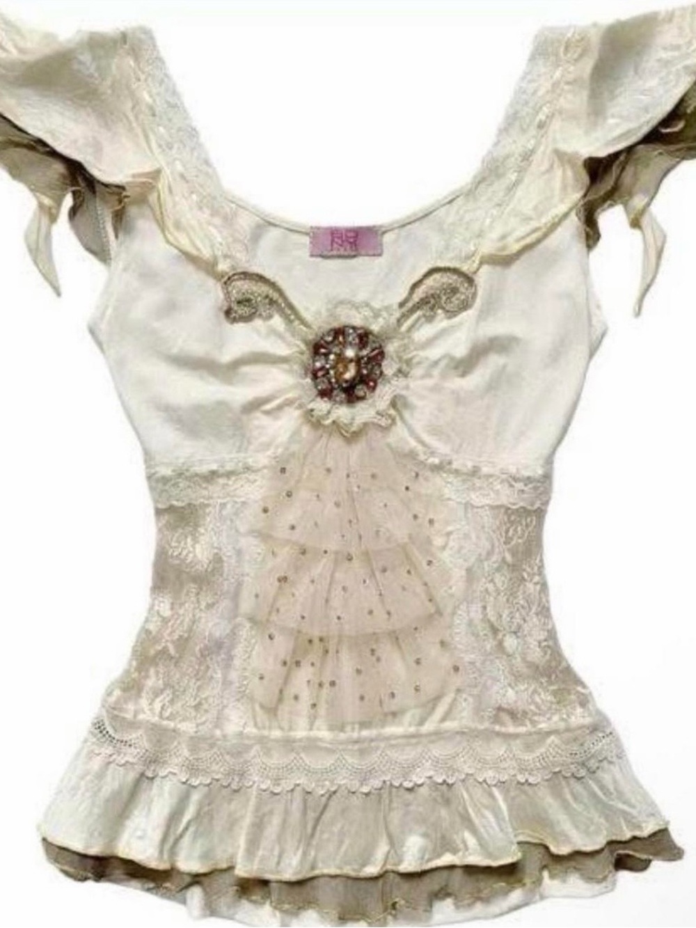 Embellished Cream Lace Ruffled Blouse